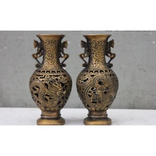 Chinese Bronze Copper Gilt Hollow Out Lucky Dragon phoenix Play Bead Vase Pair