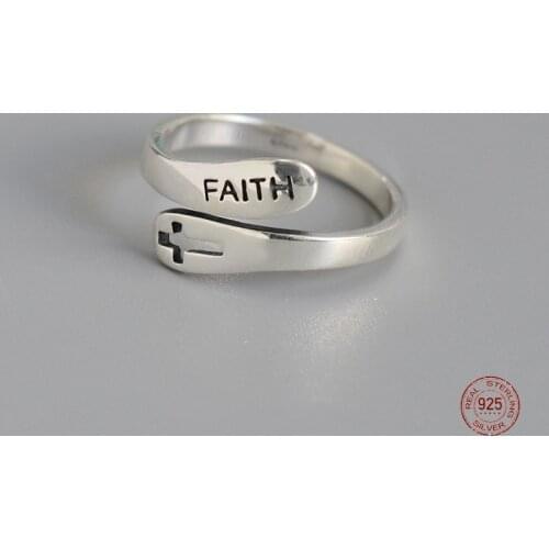 LKO Vintage Trend Cross Letter Faith Ring 925 Sterling Silver For Women Engagement Opening Adjustable Rings Jewelry Ornaments