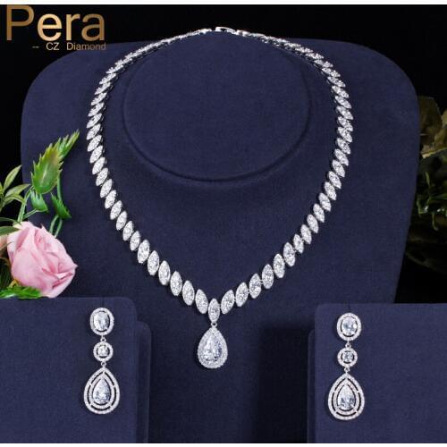 Pera Classic Big Water Drop Women Wedding White Gold Color Jewelry Cubic Zirconia Necklace And Earrings Sets For Brides J009