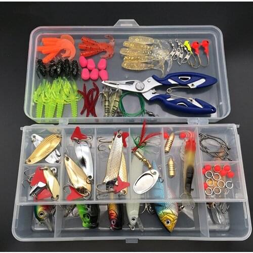 85Pcs/Set Fishing Lures Set Mixed Minnow Spoon Lure Soft Lure Fishing Accessory In Box Artificial Bait Pesca with Fishing Grip