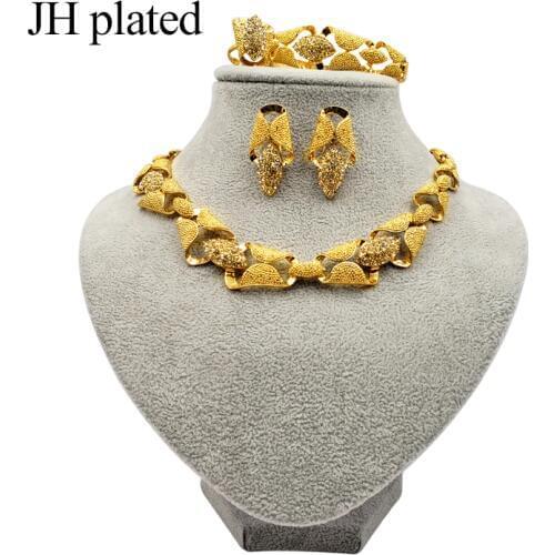 JHplated Nigeria Dubai Fashion gold color jewelry sets African wedding gifts party for women Necklace Bracelet earrings ring