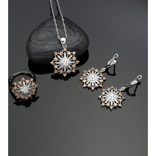 Champagne Cubic Zirconia Beads 925 Sterling Silver Jewelry Sets For Women Party Earrings With Stone Rings Pendant Necklace Set