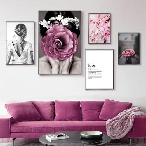 Pink Peony Flower Woman Print Poster Flower Books Wall Art Canvas Painting Modern Vogue Pictures for Living Room Home Decor