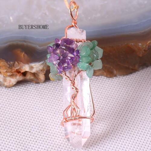 Natural White Crystal Big Pendant Reiki Chakra Tree of Life Rose Gold Color Handmade Wire Wrapped Pendant with Chain 18" K2031