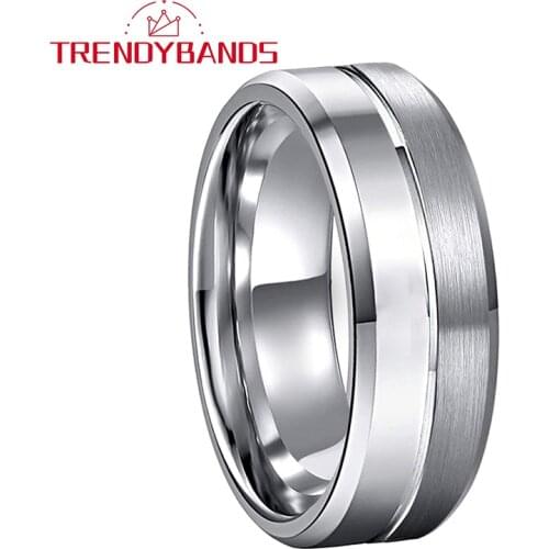 8MM Men Women Wedding Band Tungsten Carbide Ring With Groove Bevel Polished Brushed Finish Comfort Fit