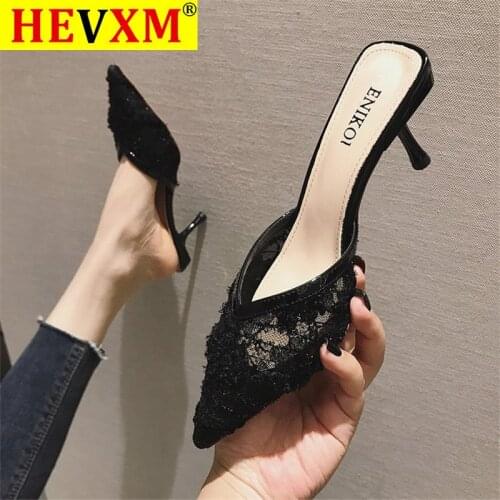 Pointed Toe Thin Heels High Heel Mules slippers woman 2020 Summer shoes woman Fashion Mesh Shallow Black ladies shoes female