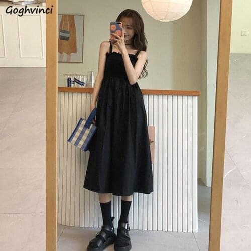 Sleeveless Dress Summer Spaghetti Strap Fit Simple Solid Trendy Ladies Off Shoulder Elegant European Style Slim Breathable