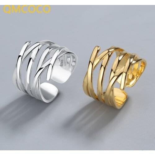 QMCOCO 925 Sterling Silver Women INS Irregular Multi-Layer Line Fashion Cross Open Adjustable Women Ring Jewelry Accessories