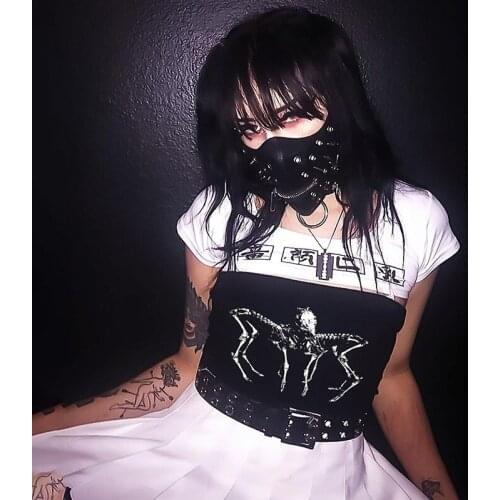 Ruibbit Grunge Spider Print Black Camis Goth Punk Strapless Bodycon Crop Tops Harajuku Sexy Backless Women Summer Camisole