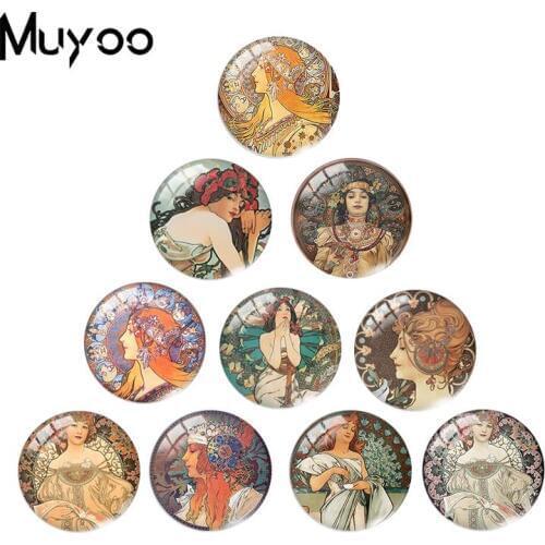 2019 New Alphonse Mucha Glass Cabochon Colorful Painting Cabochons Art Round Handmade Jewelry