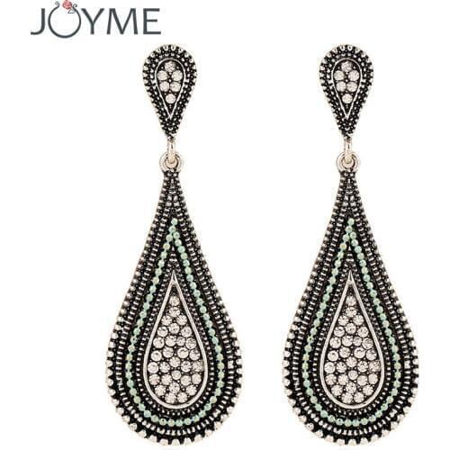 Vintage Earings Antique Silver Color Water Drop Earrings Geometric White Rhinestone Long Dangle Statement Earrings Bijoux Femme