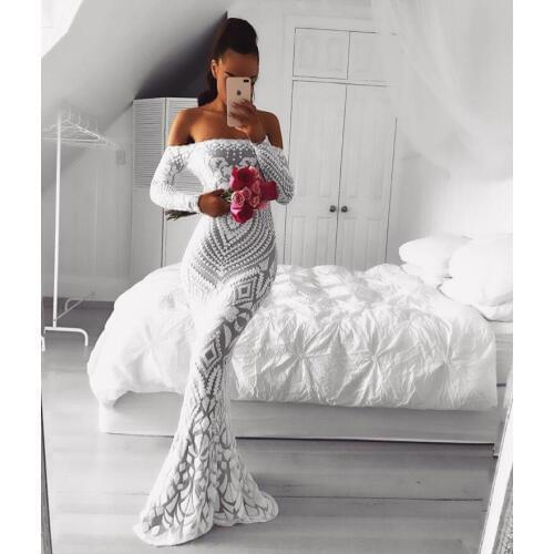 Top Quality Black White Long Sleeve Off The Shoulder Trumpet Dress Cocktail Party Bodycon Dress