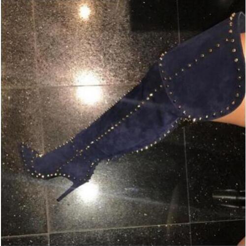 Winter Women Thigh High Spike Boots Over the Knee Women Boot with Rivets Pointed Toe High Heel zapatos mujer Black Blue Red Wine