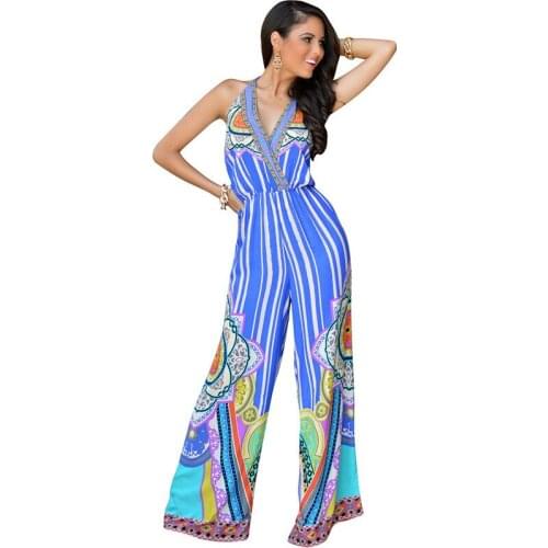 Summer Vacation Wide Leg Jumpsuit 2018 Women V-Neck Boho Halter Backless Jumpsuits and Rompers Loose Casual Beach Long Romper