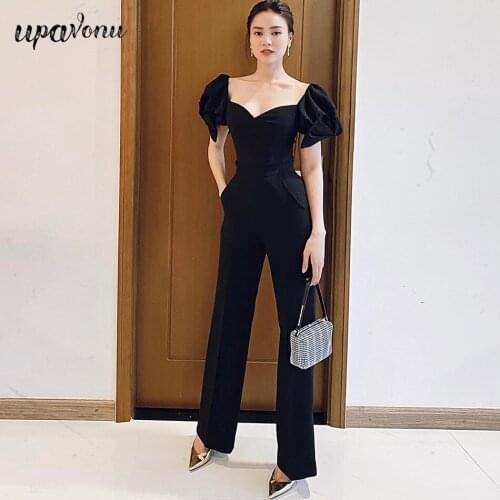 Free Shipping 2021 New Summer Jumpsuit V-neck Bubble Short Sleeve Slim Elegant Straight Jumpsuit Club Night Party Jumpsuit