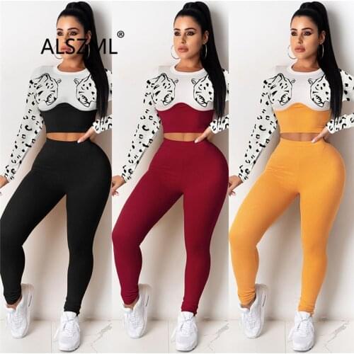 European Style Women Set O Neck Crop Top And Long Pant Suit Animal Print 2 Pieces Clothes Suit