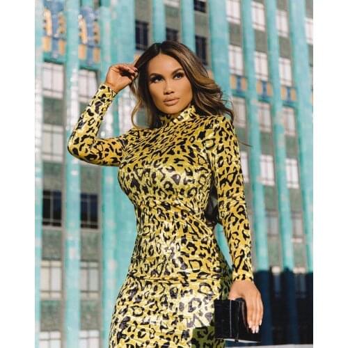 Winter 2021 Cotton Celebrate Famale Party Dress Fashion Sexy Long Sleeve Hight Neck Leopard Yellow Bodycon Bandage Dress