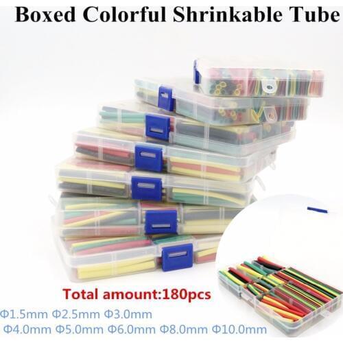 180Pcs 1.5MM 2.5MM 3MM 4MM 5MM 6MM 8MM 10MM Assortment Ratio 2:1 Polyolefin Heat Shrink Tube Tubing Sleeving Wrap Wire Cable Kit