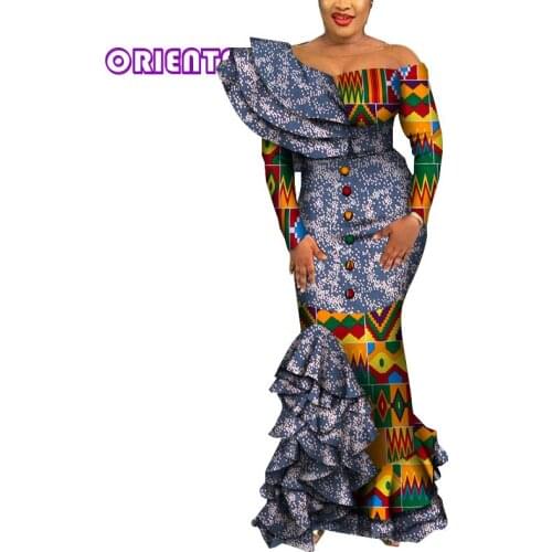 African Dresses for Women African Wax Print Long Dashiki Dress Draped Ruffles Traditional African Clothing Wedding Party WY5995