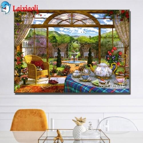 New DIY 5D Diamond mosaic tea art Landscapes flower Garden lodge Painting Cross Stitch Kits Diamonds Embroidery Home Decoration