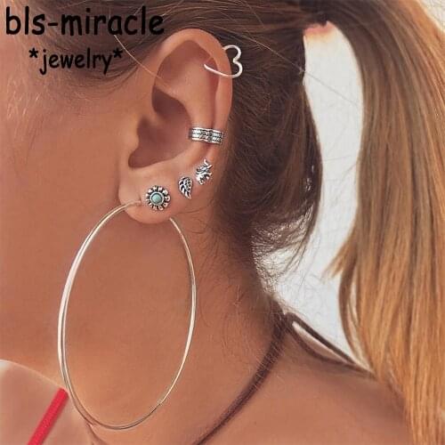 Bls-miracle 6 Pair/set Vintage Mixed Geometric Drop Earrings For Women Silver Color Heart Star Circle Earring Set Female Jewelry