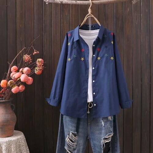 Plus size Cotton Embroidery white navy yellow women loose shirts 2021 spring autumn casual ladies blouse female tops oversize