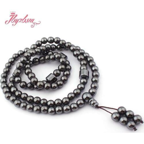 8mm Black Round (No Magnetic) Hematite Natural Stone Beads Tibetan Pyayer Mala Buddish 108 Prayer Beads 31" Free Shipping