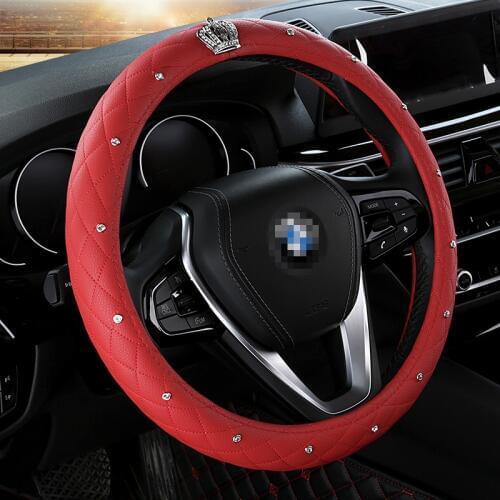 DERMAY Luxury Crystal Crown Studded Rhinestone PU Leather Car Steering Wheel Cover Diamond Steering For Women Girl Car Styling