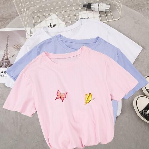 Sweet Cute Butterfly Women Cotton T-shirt Aesthetic Kpop Clothes Top Female Round Neck Short Sleeve Ladies Tshirt Camiseta Mujer