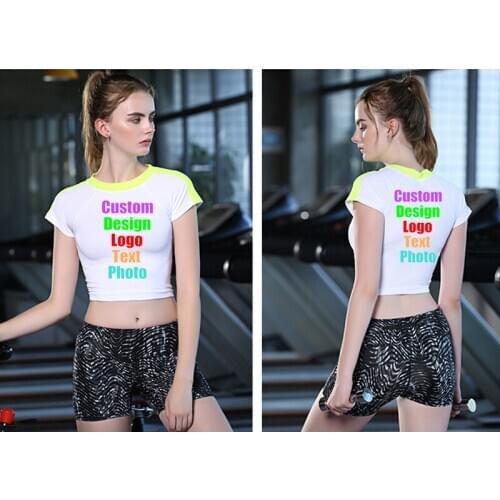 Custom Logo Printed Text Photo Ladies Navel Baring Running Quick Dry Breathable Top Sport Shirt Short Sleeve Summer Yoga Fitness