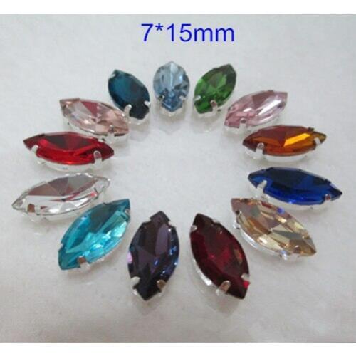 Mix Colors Crystal Sew on Bead,7*15mm Marquise Glass Beads in Silver Prong Setting 4 Holes,Navette Sewing Beads