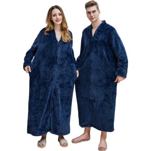 Autumn&winter plus size new zipper shellfish velvet bathrobe increase nightgown women men thicken pajamas flannel home service