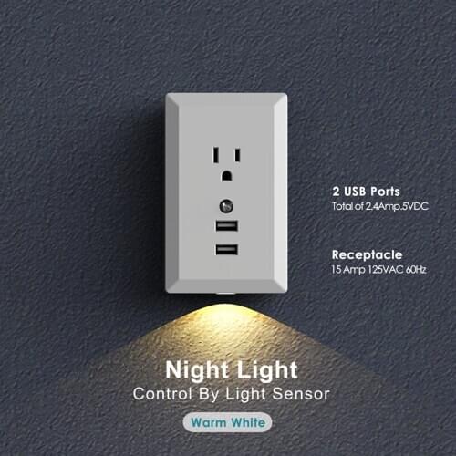 Wall Outlet 2.4A Dual USB Charger Wall Socket Power Supply Adapter US Standard Electrical Plug Smart Night light for Bedroom