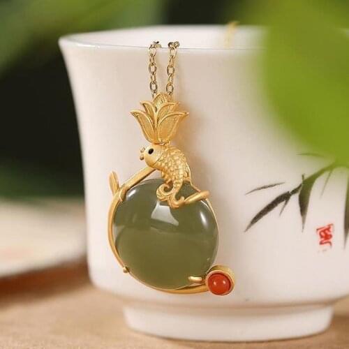 Original New Natural Hetian Jade Round Pendant Retro Light Luxury Elegant Lotus Carp Golden Gilt Ladies Necklace