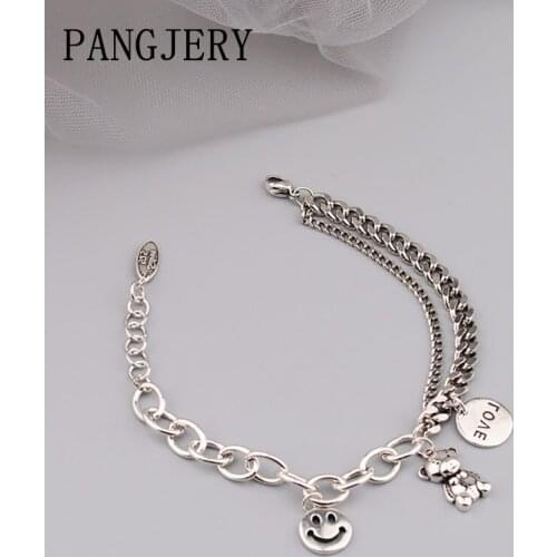 PANGJERY 925 Sterling Silver Bracelets for Women INS Fashion Creative Chic Bear LOVE Heart Multi Element Tag Party Jewelry Gifts