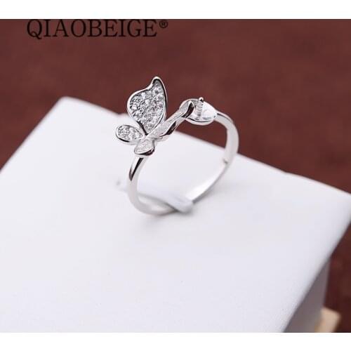 QIAOBEIGE butterfly open Ring Wholesale Sterling Silver Lady Pearl Jewelry Custom Design Women pearl Jewelry Accessories