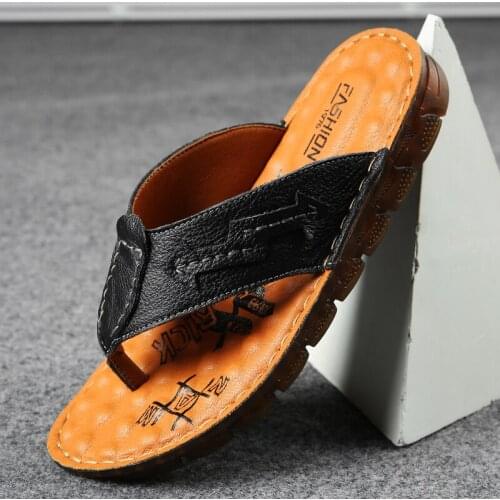 Summer Men Flip Flops Fashion Genuine Leather Male Slippers Beach Flip-flops Man Casual Shoes Comfy Black Outdoor Mens Shoes