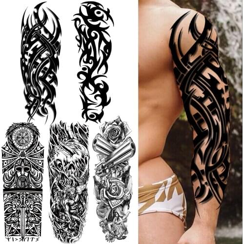 Tribal Totem Thorns Temporary Tattoo For Men Women Adult Black Pistol Flower Tattoos Sticker Sleeve Fake Demon Tatoos Kids