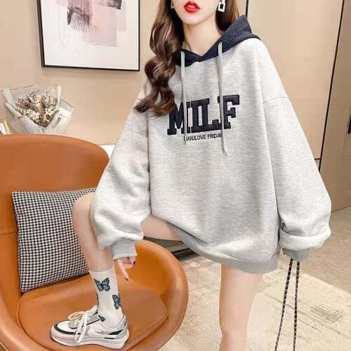 Oversized Hoodie MILF Letter Embroidery Hooded Sweatshirts 2021 Spring Autumn Womens Sweater Korean Fashion Ins Hoodies Kawaii