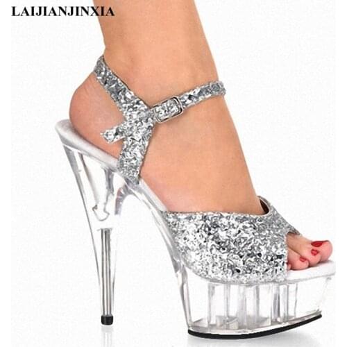 LAIJIANJINXIA Flash Powder Crystal Shoes with 15 Cm Super High Heels Sandals With Clubs In Europe and America Women Shoes
