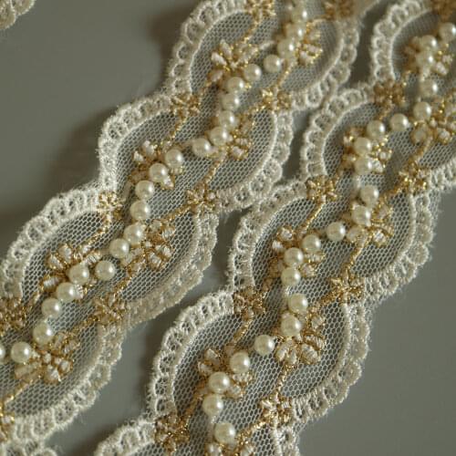1yard embroidery pearl flower mesh lace trims for Clothes Gold thread lace trimmings and ribbons for dress DIY craft accessories