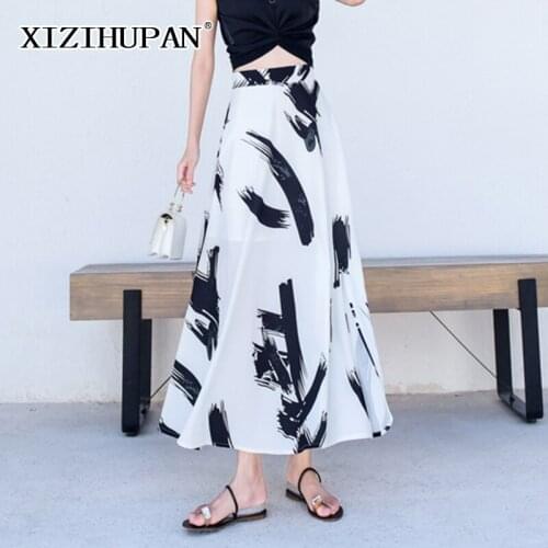 XIZIHUPAN Casual Skirt For Women High Waist Side Split Print Hit Color Ankle Length A Line Skirts Female 2021 Clothes Spring new