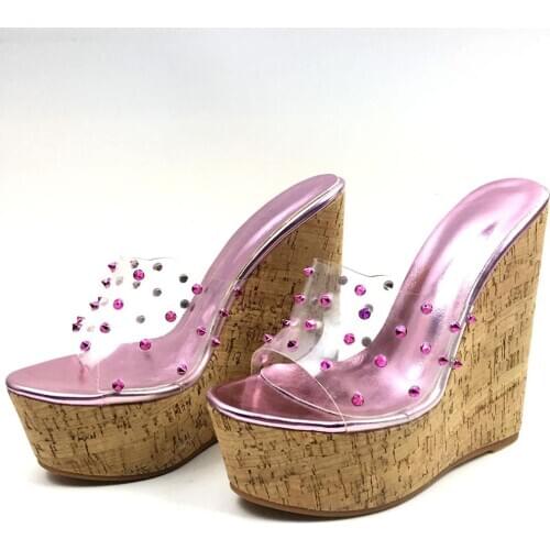 Women Cork Wedge Sandals Sky High Platform PVC Mules High Heel Shoes Pink US 7 EU37