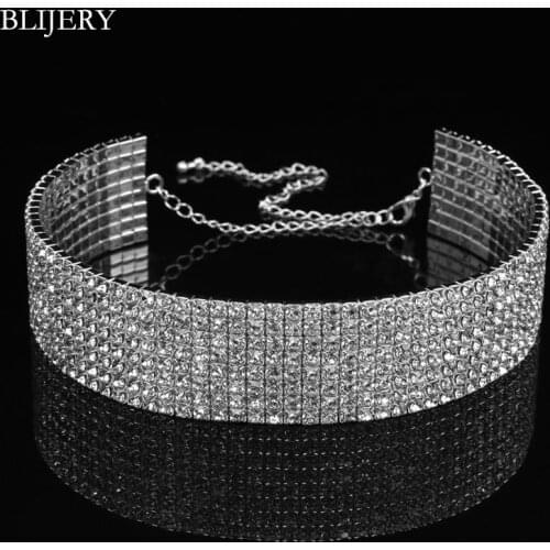 BLIJERY Bridal Wedding Party 8 Row Rhinestone Choker Chain Necklace for Women Crystal Choker Necklace Elastic Cord Femme Collier