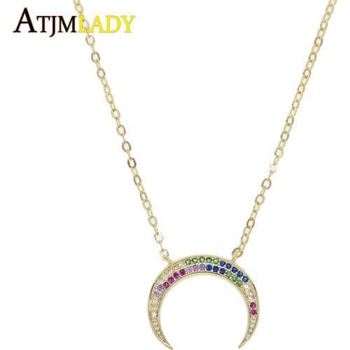 Gold filled Chain statement Necklace Moon&Horn Necklace for Women Boho dainty rainbow cz mix color elegant simple Neckalce