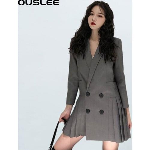 OUSLEE Summer French Style Women Dress Long Sleeve Double Breasted Chic High Waist Mini Sexy Vintage Ins Girls Streetwear