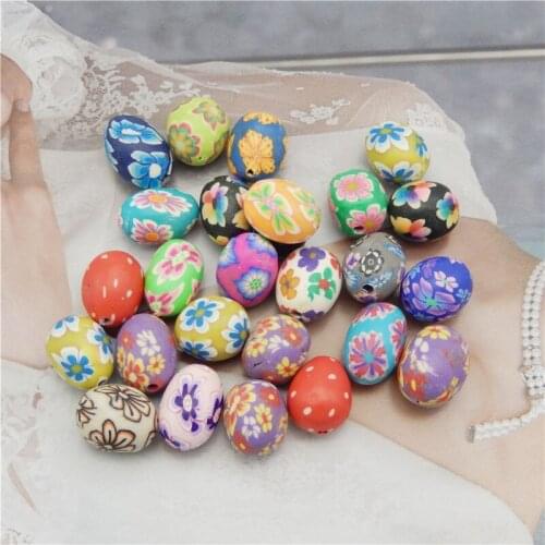 Julie Wang 10PCS Oval Beads Polymer Clay Flower Pattern Spacer Beads Random Color Necklace Bracelet Jewelry Making Accessory