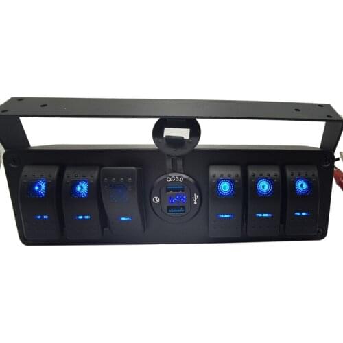 6 Gang Rocker Toggle Switch Panel W/Quick Charge 3.0 USB Charger & Voltmeter Marine Boat Truck Car 12V-24V Blue Led