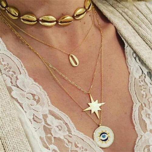 Boho 4 Pcs/Set Star Carved Round Eye Shell Pendant Leather Chain Multilayer Gold Choker Necklace for Women Necklace Set Jewelry