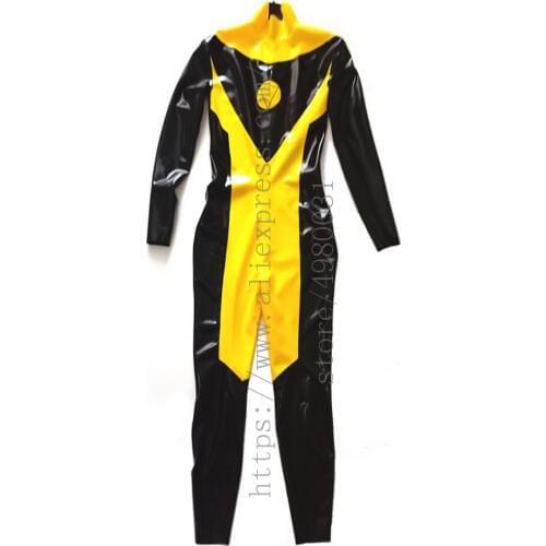 Made of 0.4mm thickness natural mens black patchwork yellow latex uniform catsuit bondage long sleeve with back zipper